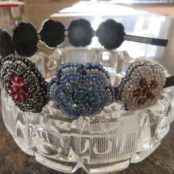Beaded Flower Headband with Faceted Swarovski Crystals in Pink and Aquamarine